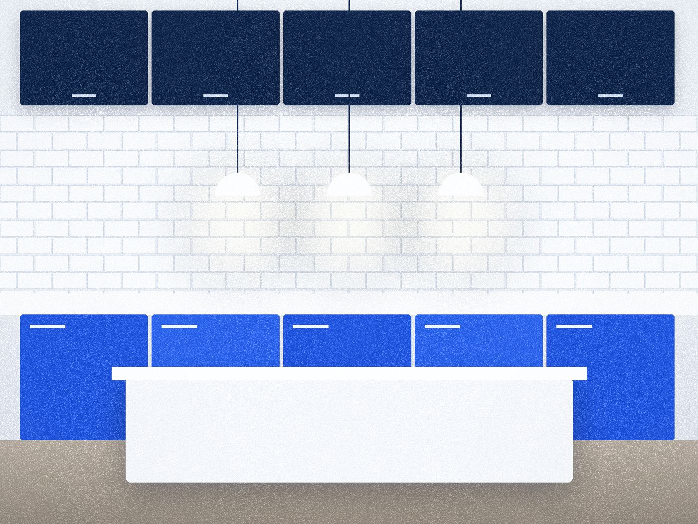 Illustrative kitchen with blue cabinetry and an island